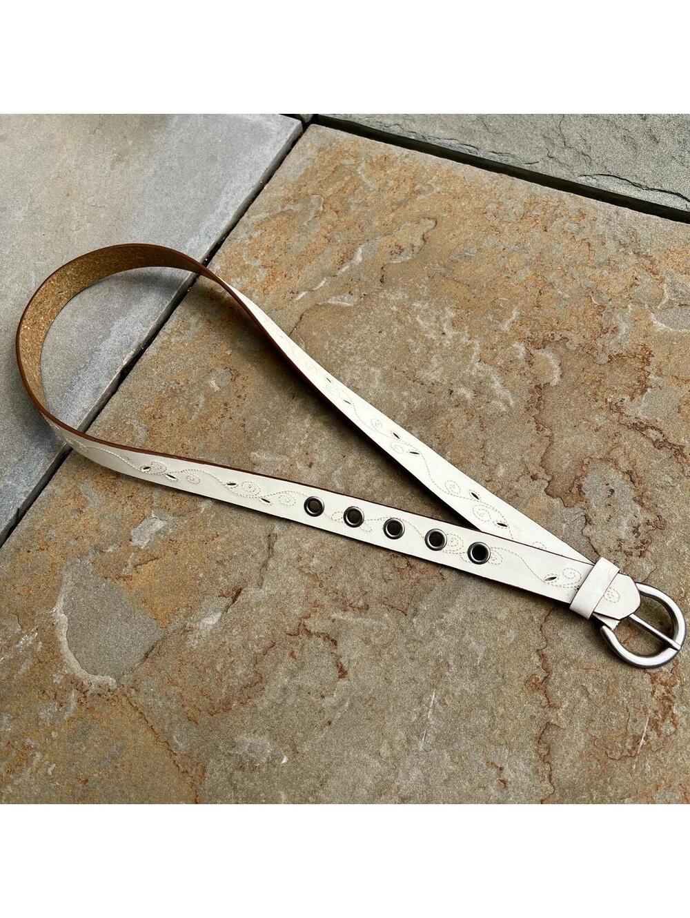 Y2K Stitched + Cut-Out Design Cream Leather Belt
